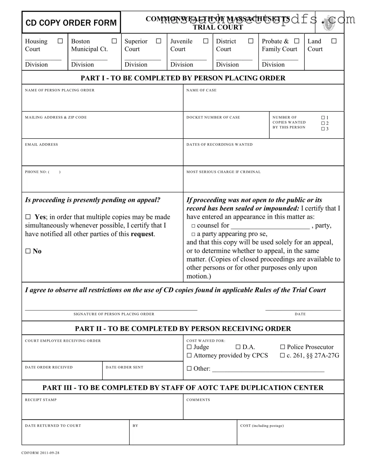 Official Cd Copy Order Massachusetts Template