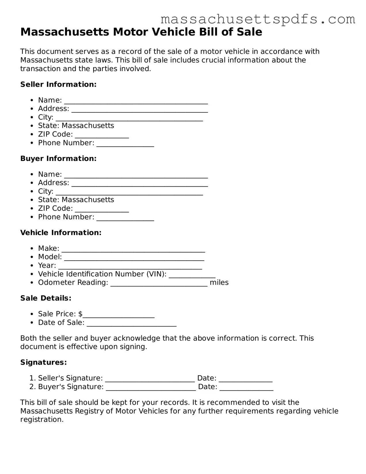 Attorney-Approved Massachusetts Motor Vehicle Bill of Sale Document