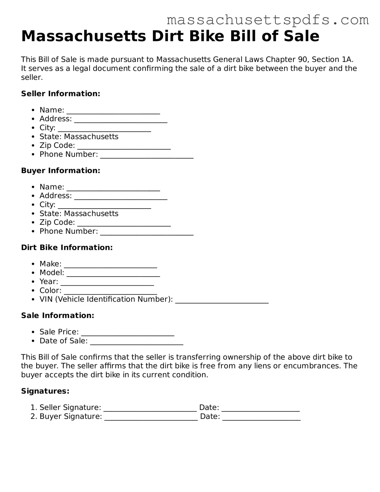 Attorney-Approved Massachusetts Dirt Bike Bill of Sale Document