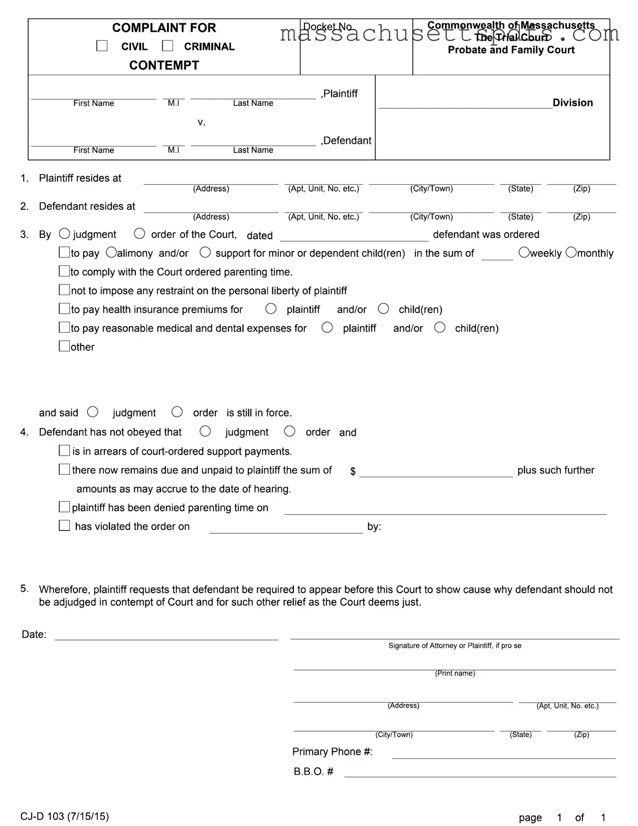 Official Massachusetts Complaint For Contempt Template