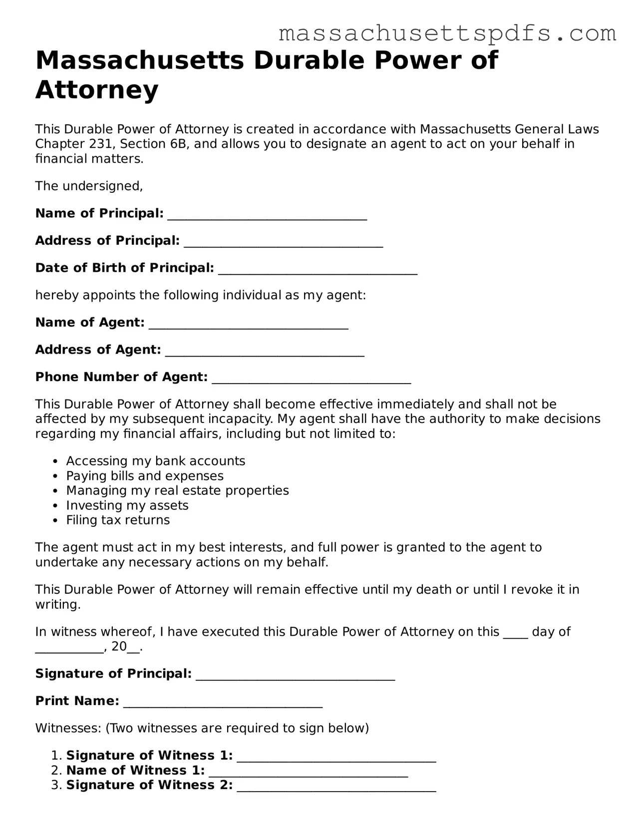 Attorney-Approved Massachusetts Durable Power of Attorney Document