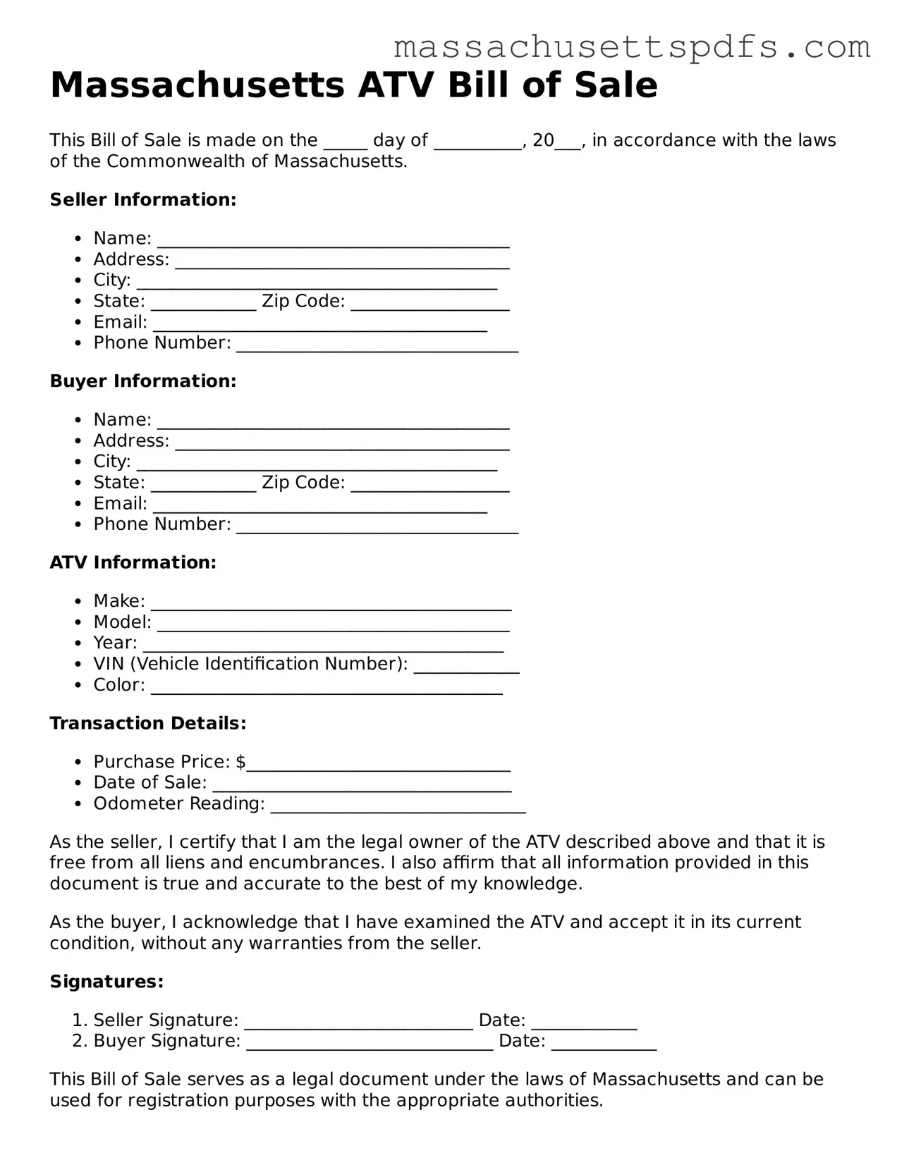 Attorney-Approved Massachusetts ATV Bill of Sale Document