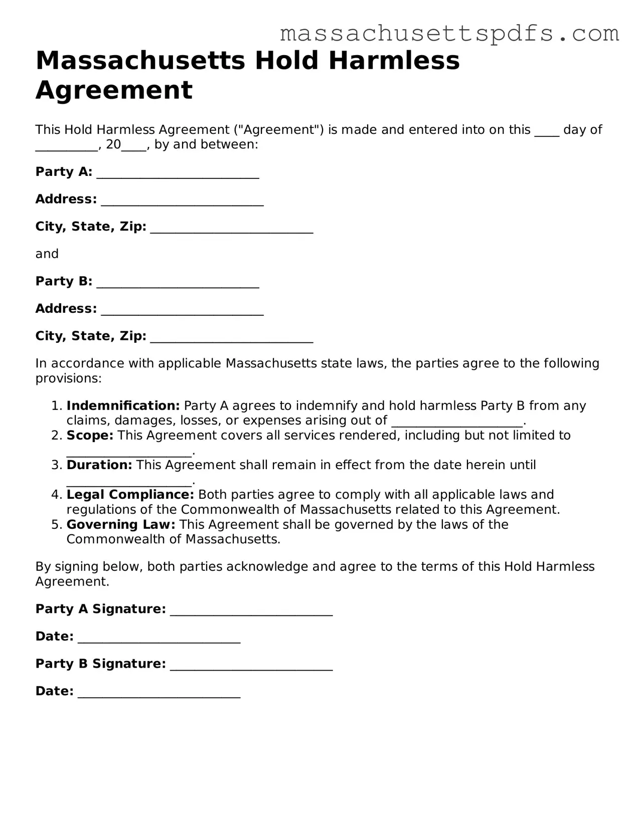 Attorney-Approved Massachusetts Hold Harmless Agreement Document