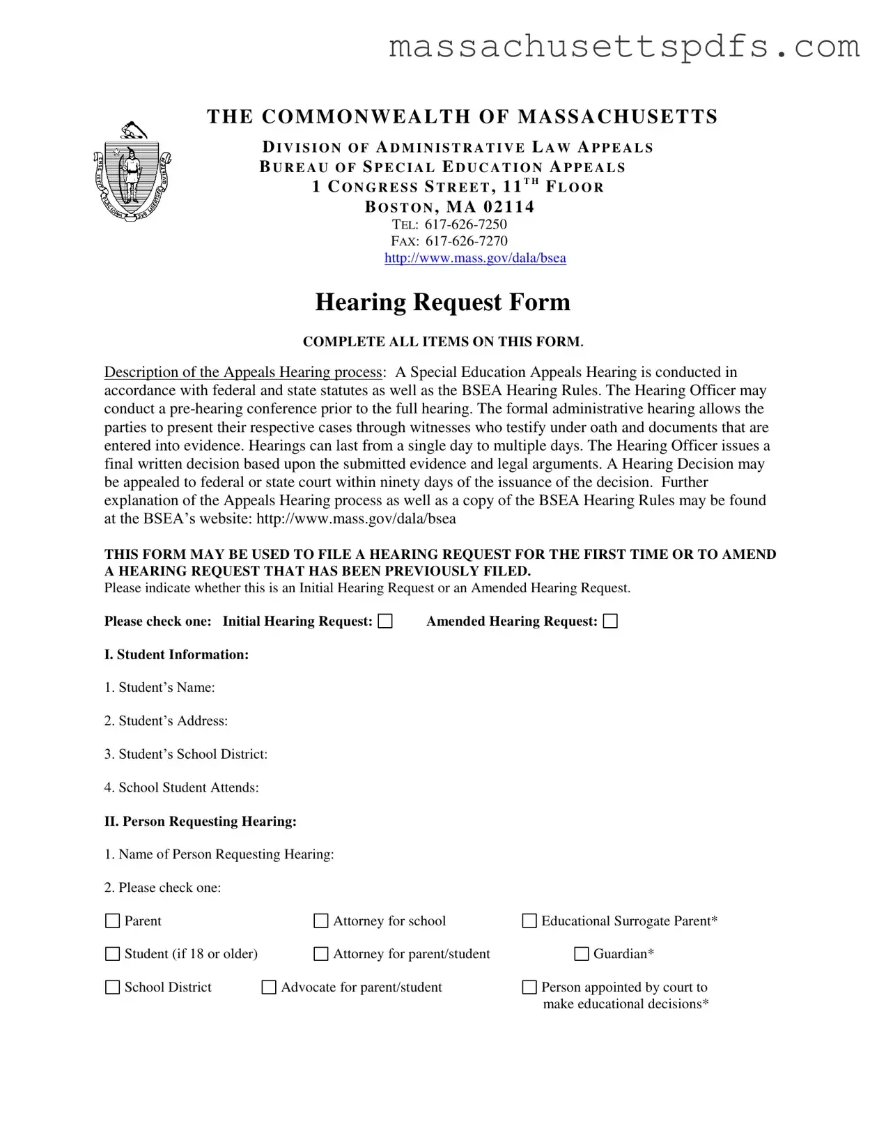 Official Massachusetts Hearing Request Template