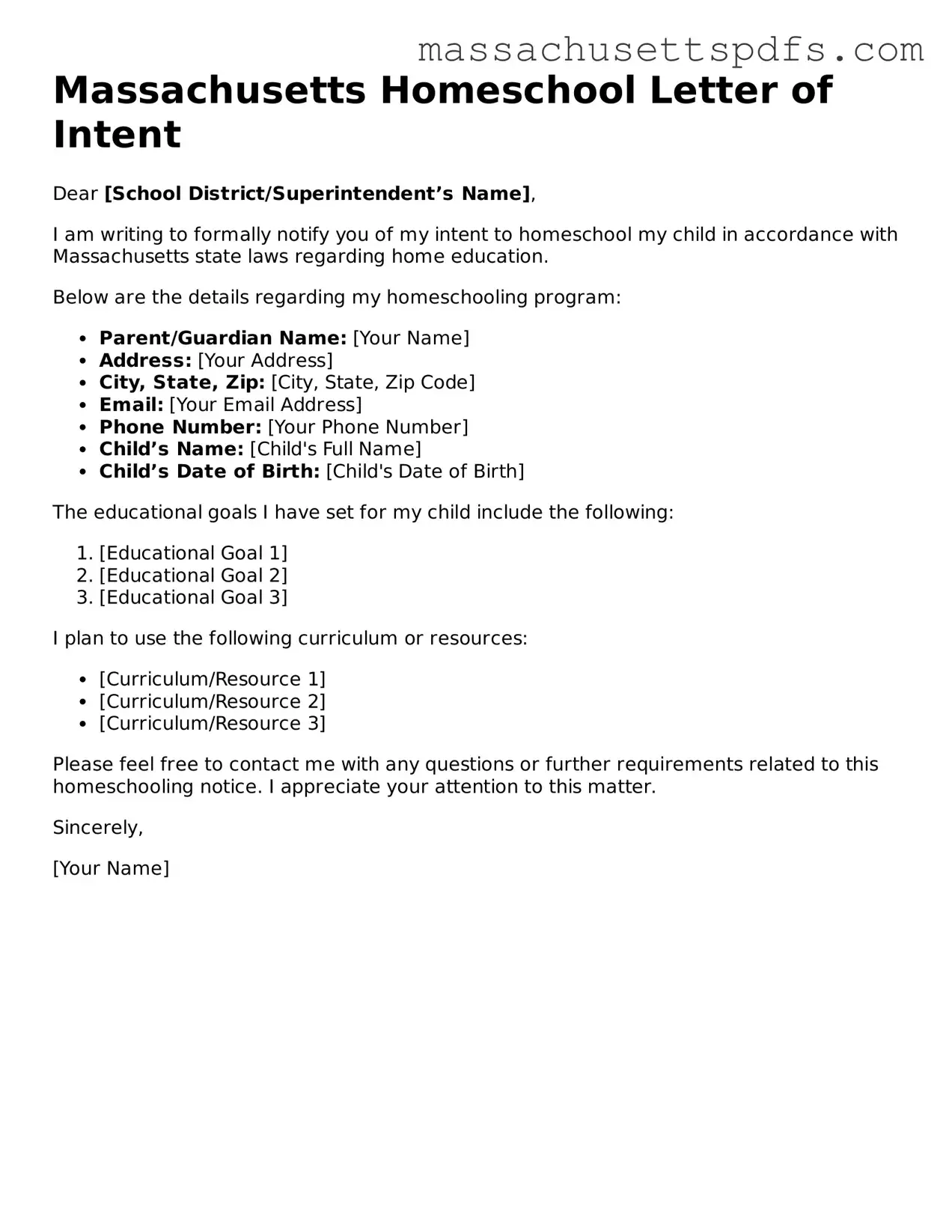 Attorney-Approved Massachusetts Homeschool Letter of Intent Document