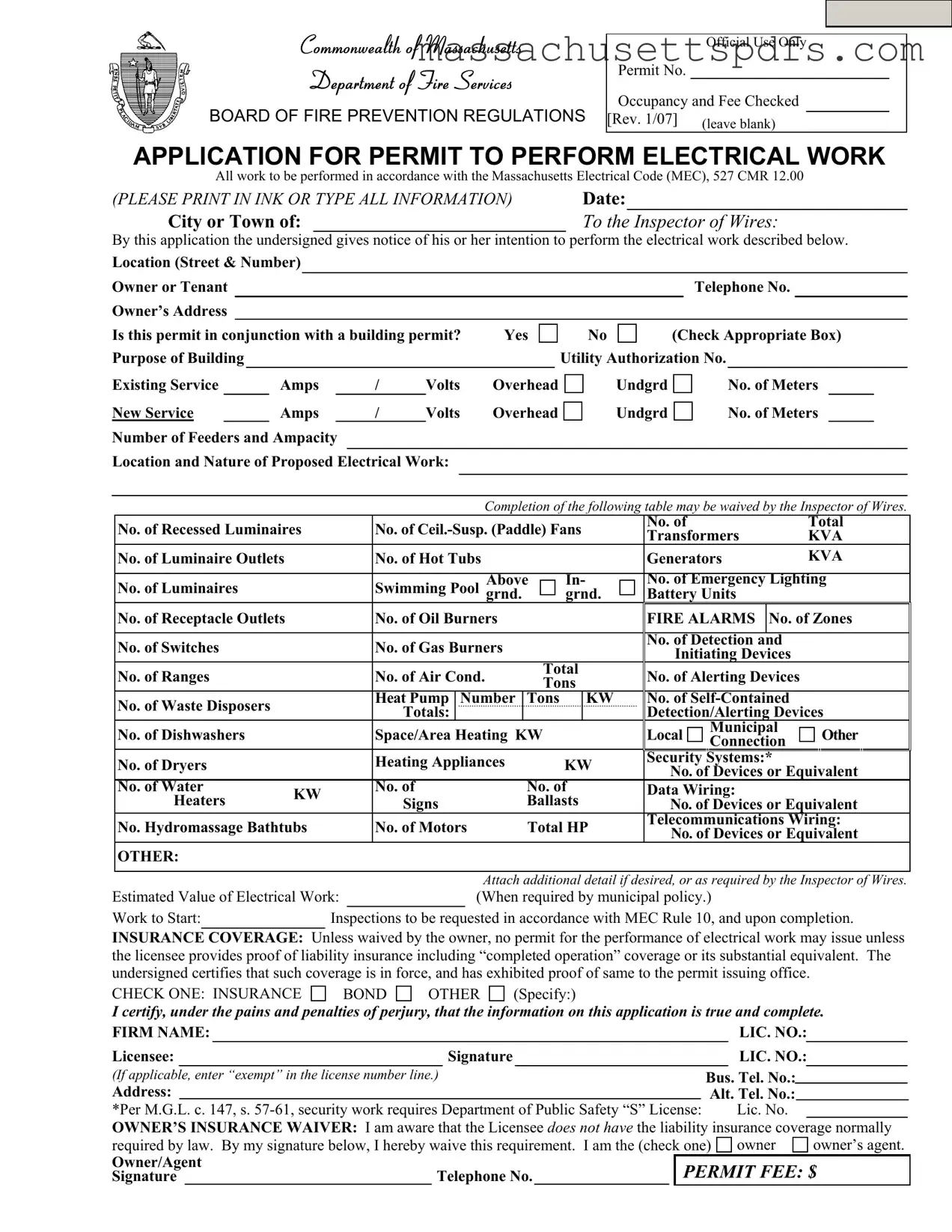 Official Massachusetts Permit Electrical Template