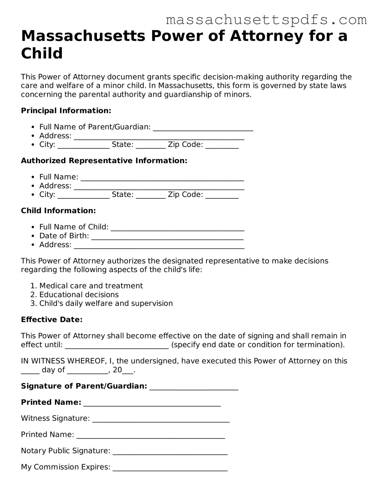 Attorney-Approved Massachusetts Power of Attorney for a Child Document