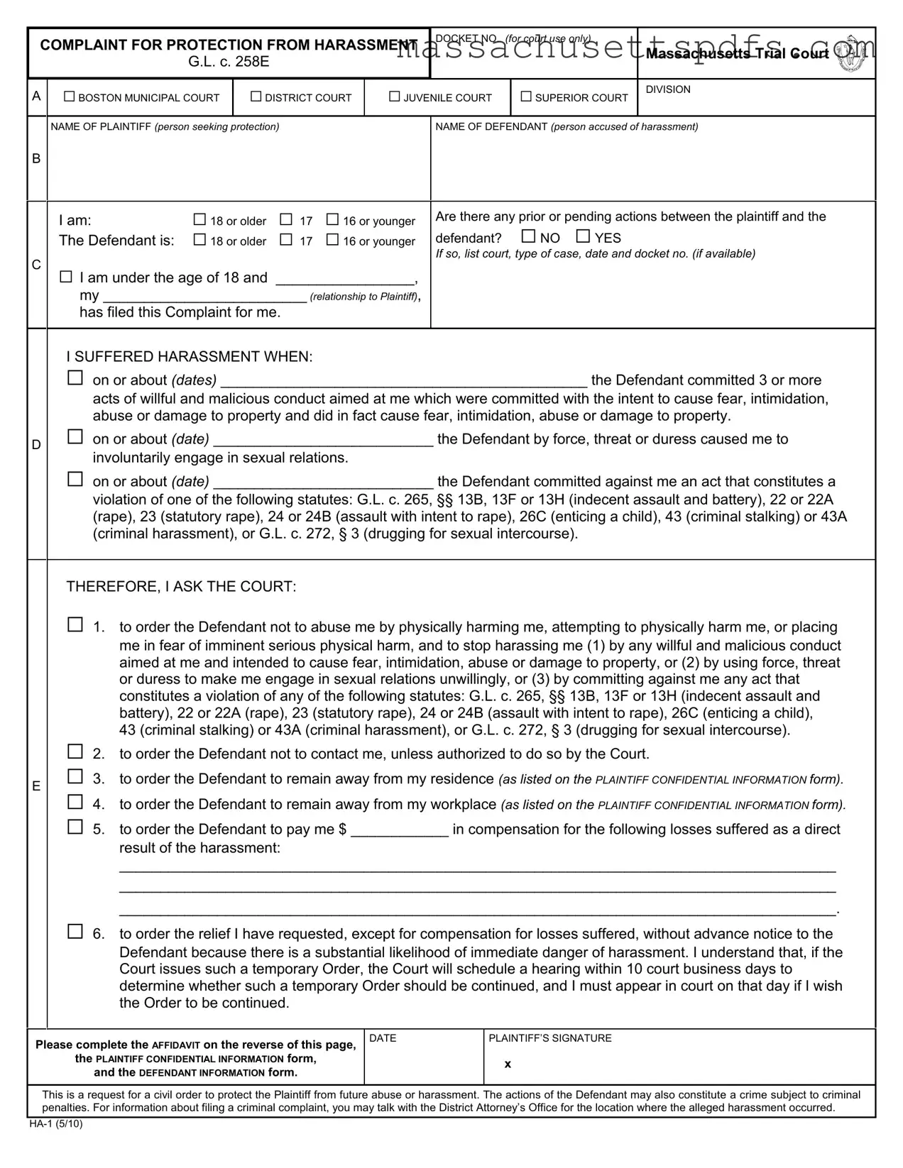 Official Massachusetts Protection Harassment Template