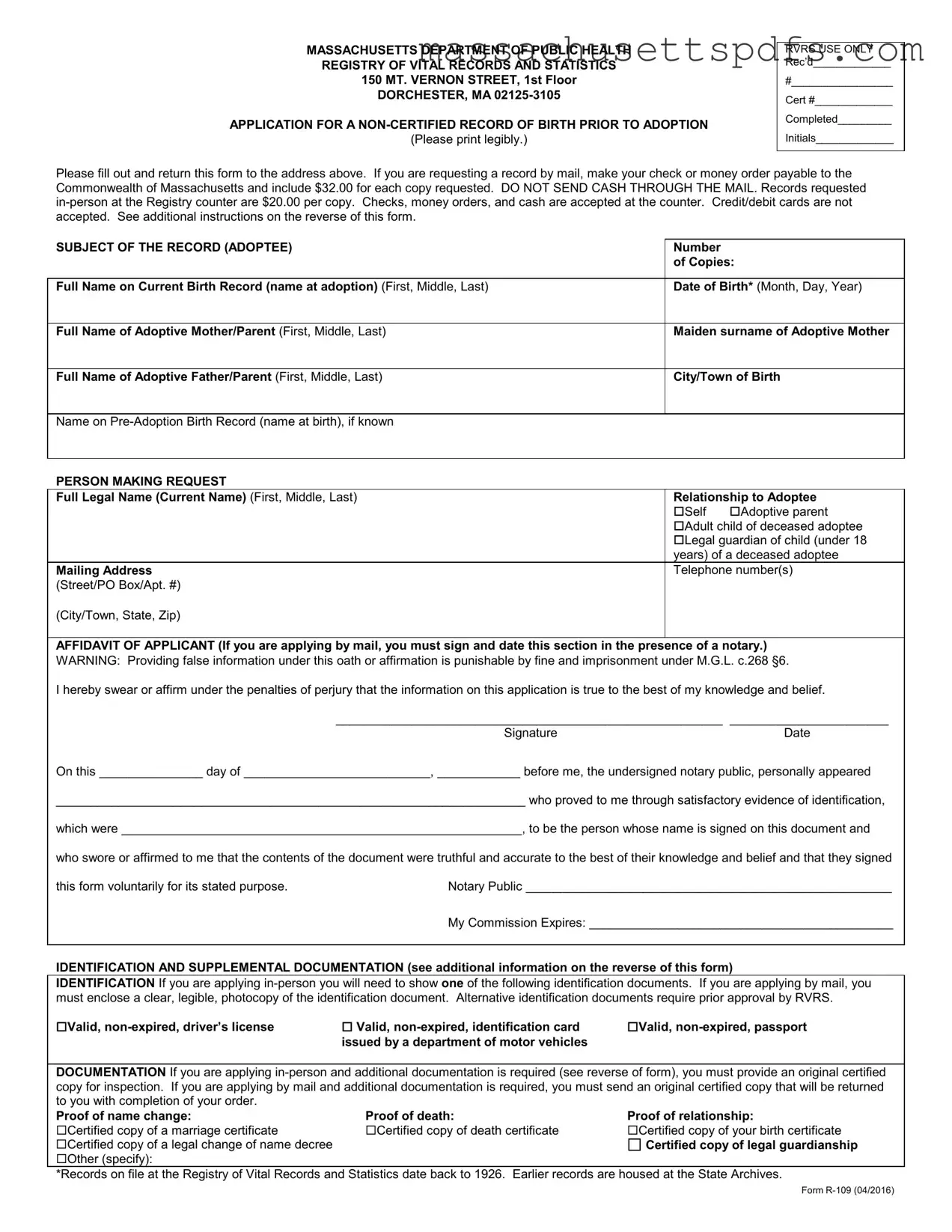 Official Massachusetts R 109 Template