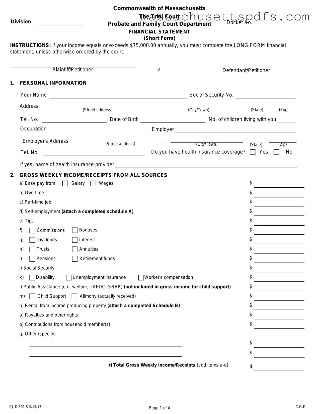 Official Massachusetts Short Financial Statement Template