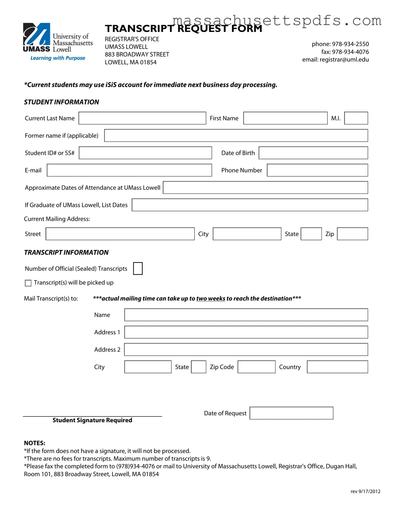 Official Umass Transcript Request Template